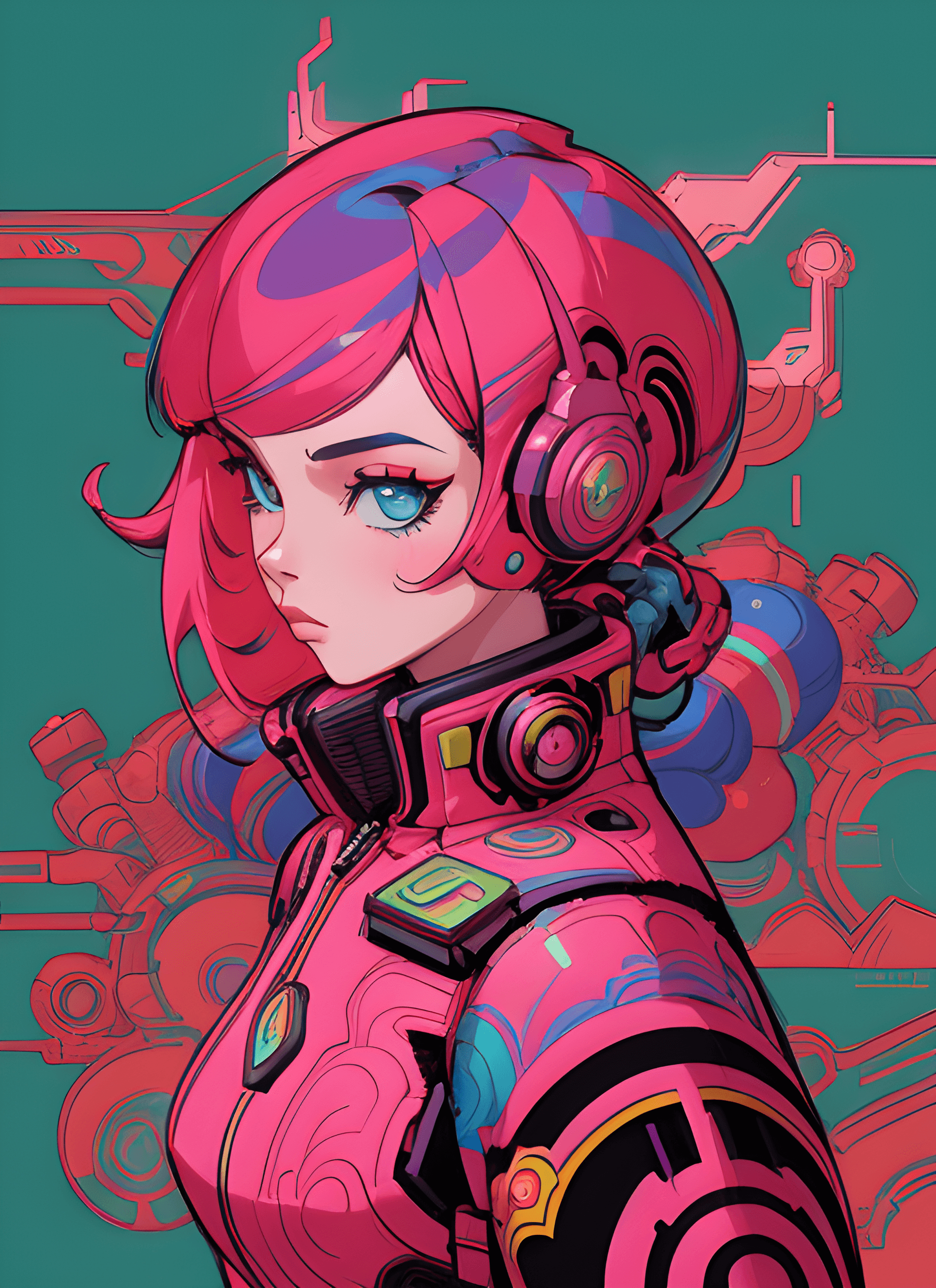AI generated: a digital painting of a woman with colorful hair, cyberpunk art, by Kilian Eng, psychedelic art, tri...