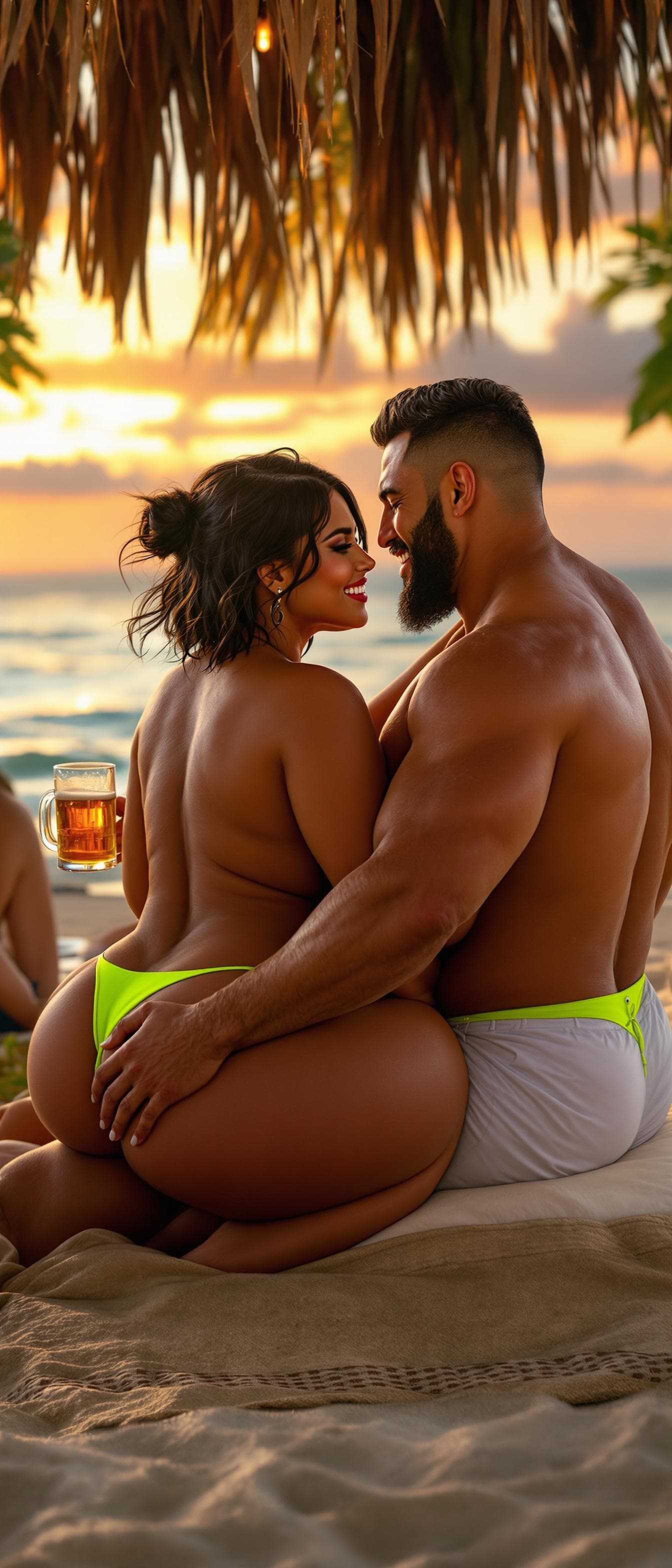 AI generated: A stunning, ultra-voluptuous and muscular beautiful said Indian woman sits in her husband’s lap at a...