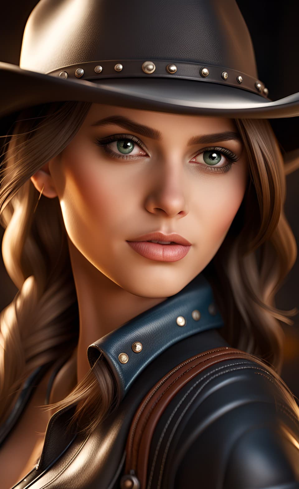 AI generated: Close-up portrait of a very attractive white country cowgirl, masterpiece, beautiful green eyes, smo...