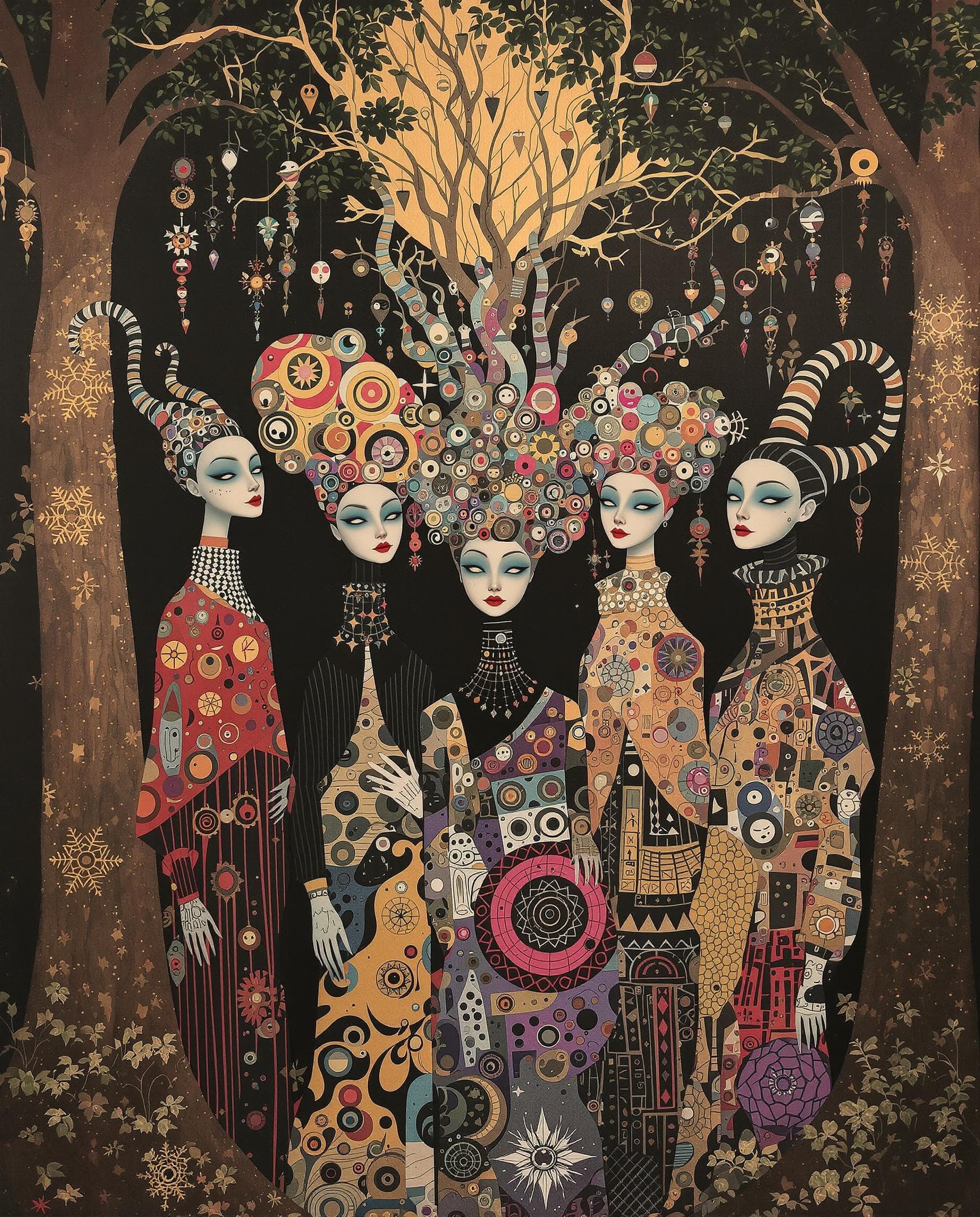 AI generated: USING DDG MODEL DAVINCI2, IMAGINE: A surreal artwork featuring five stylized figures in striking out...