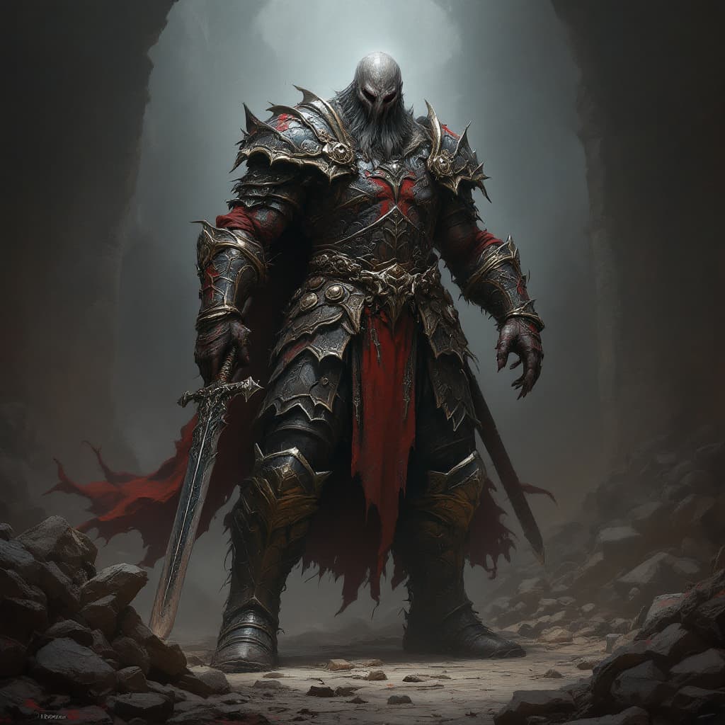 AI generated: World of Warcraft illustration of a large viking character with swords, dark bronze and red, crumple...