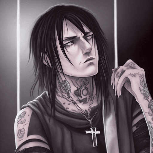 AI generated: A digital painting of a brooding, goth character with long messy black hair, tattoos, and casual dar...