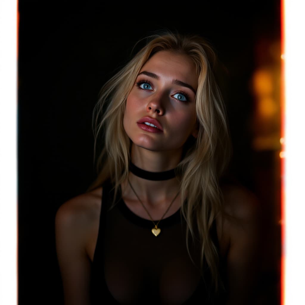 AI generated: A woman with long blonde hair and striking blue eyes, adorned with a choker necklace featuring a hea...