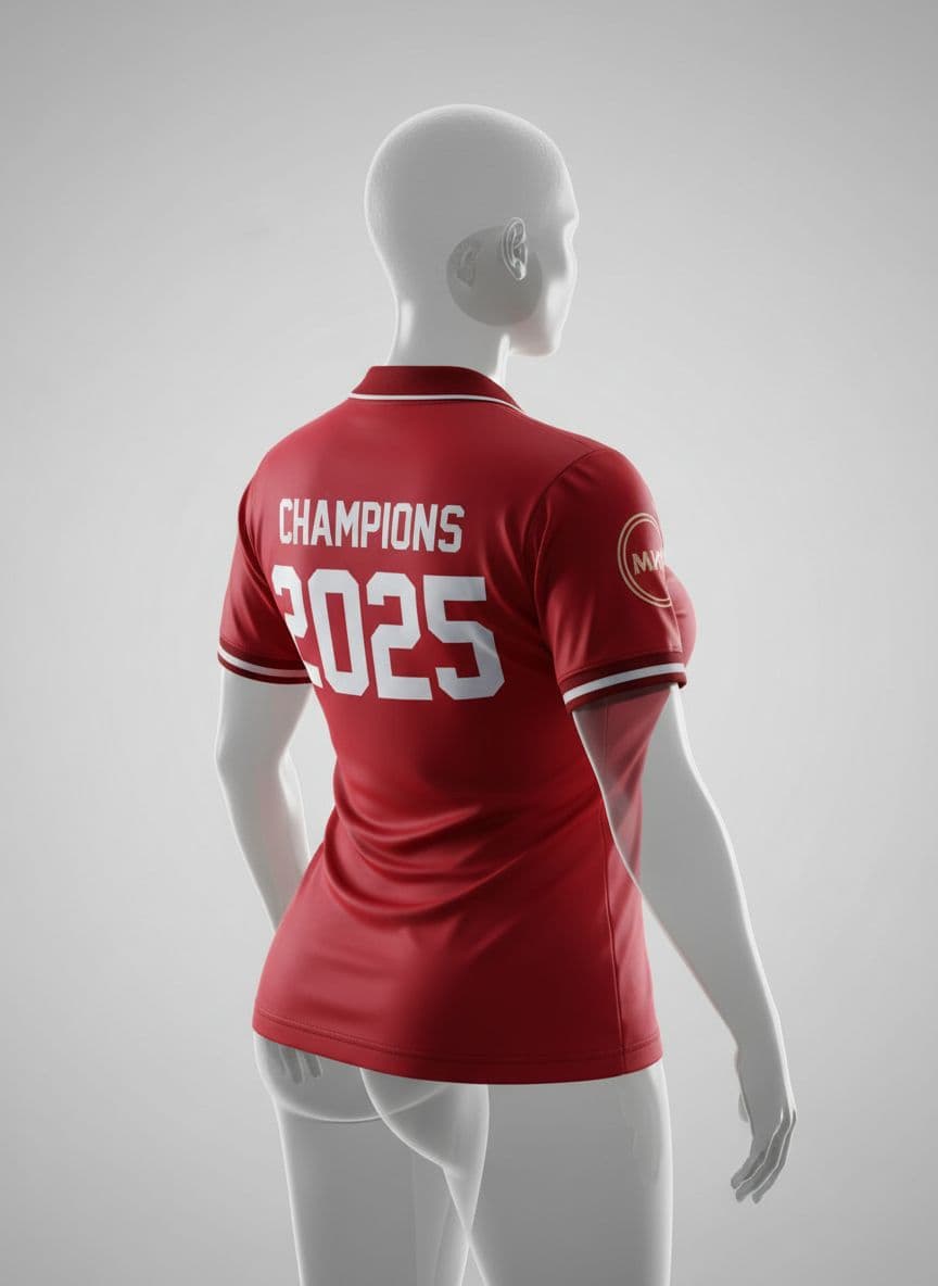 AI generated: A black African chubby  female body type realistic 3D mock-up of a red soccer jersey in a rear-view ...