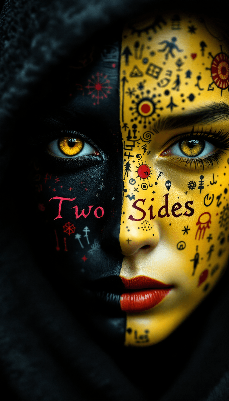 AI generated: A close-up of a face adorned with intricate black and red patterns. The left side of the face is pre...