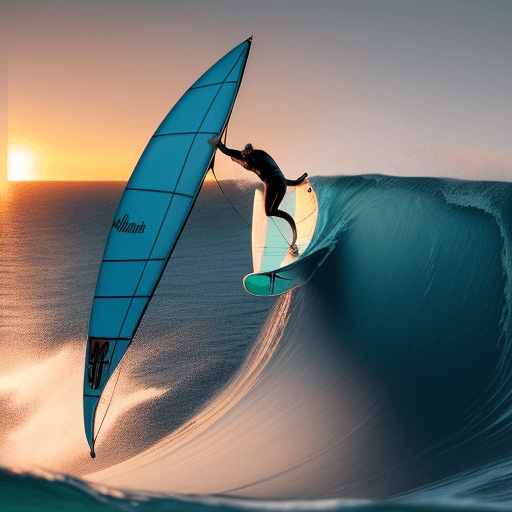 AI generated: wingfoiler surfing on a giant wave at sunset with an ensis spinner wing and an armstrong foilboard