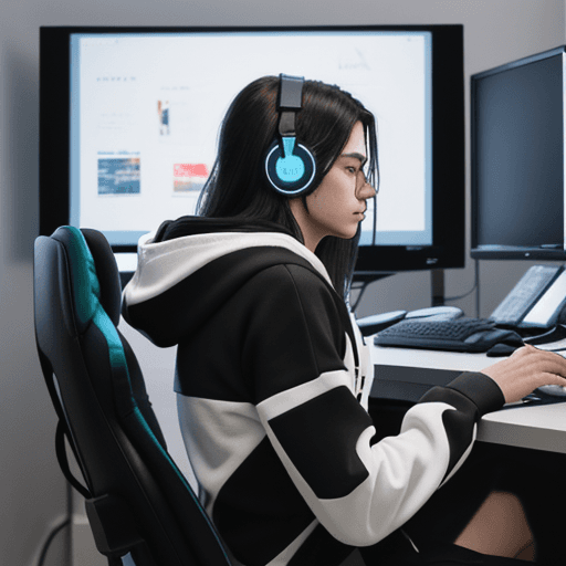 AI generated: guy, on gaming chair, wearing headphones, hoodie,  long hair, facing computer, side view, minimalist...
