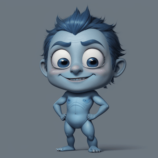 AI generated: animation, cute character, big eyes, smiling, small nose, full body, fictional character, blue skin,...