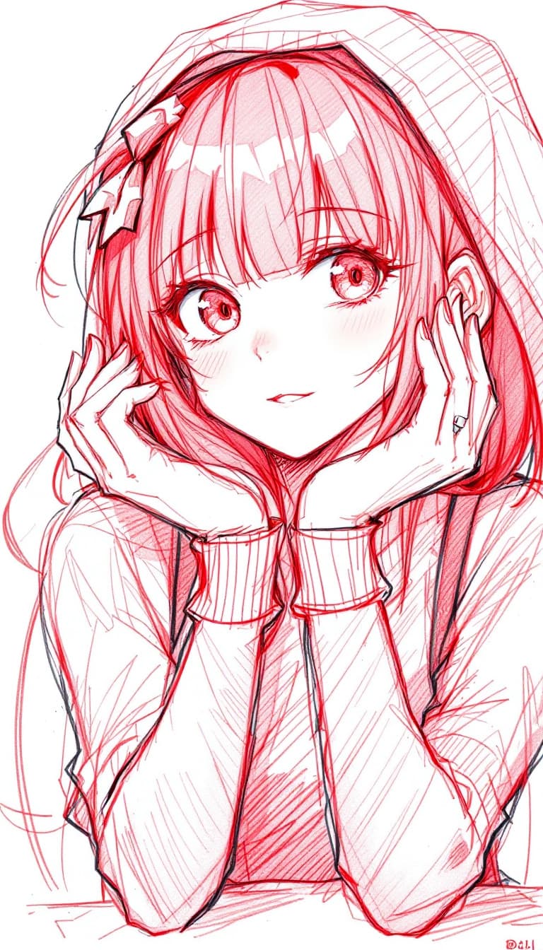 AI generated: girl, red pen drawing, sketch, anime, expressive