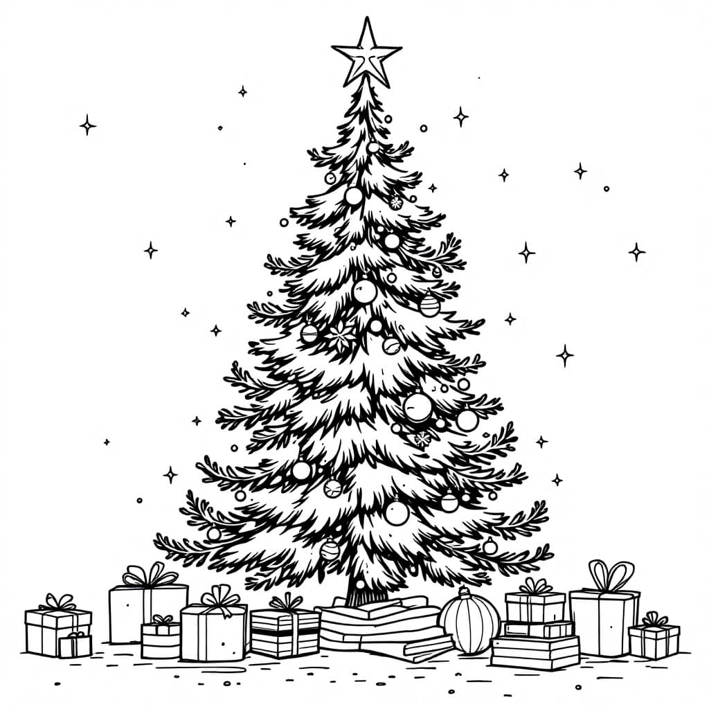 AI generated: Christmas tree with decorations, modern flat environment
 coloring page , white and black