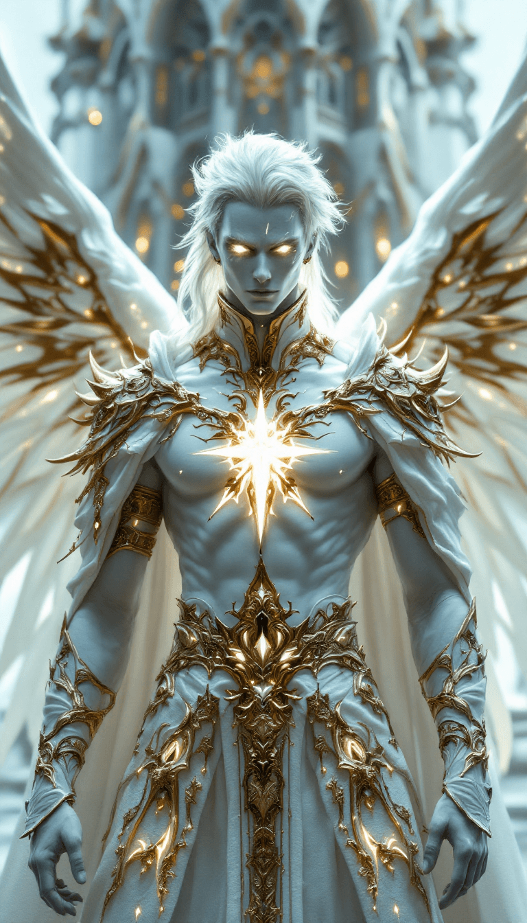 AI generated: all white, white final fantasy, male, mage, priest, white body skin, fantasy big white color full bo...