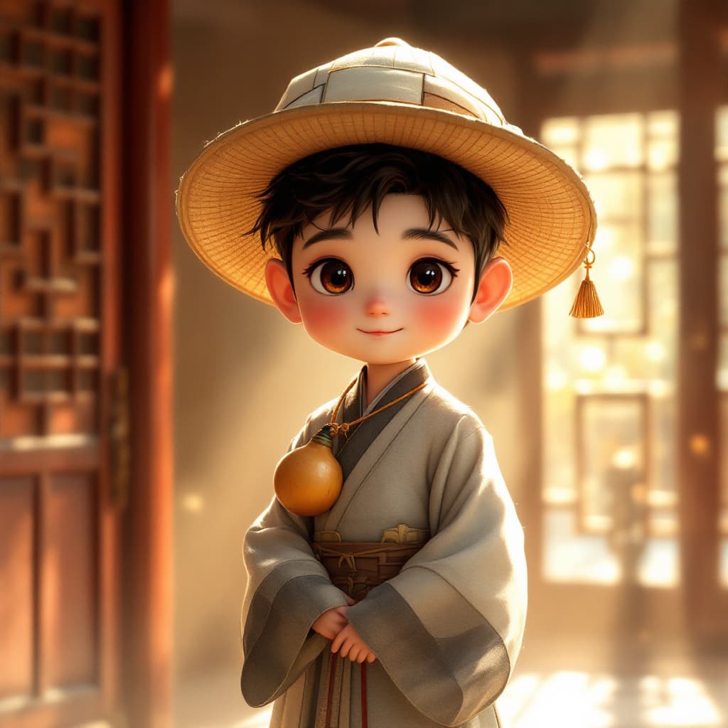AI generated: A cute ancient Chinese boy with a round and rosy face, wearing a patched economical hat and a gray t...
