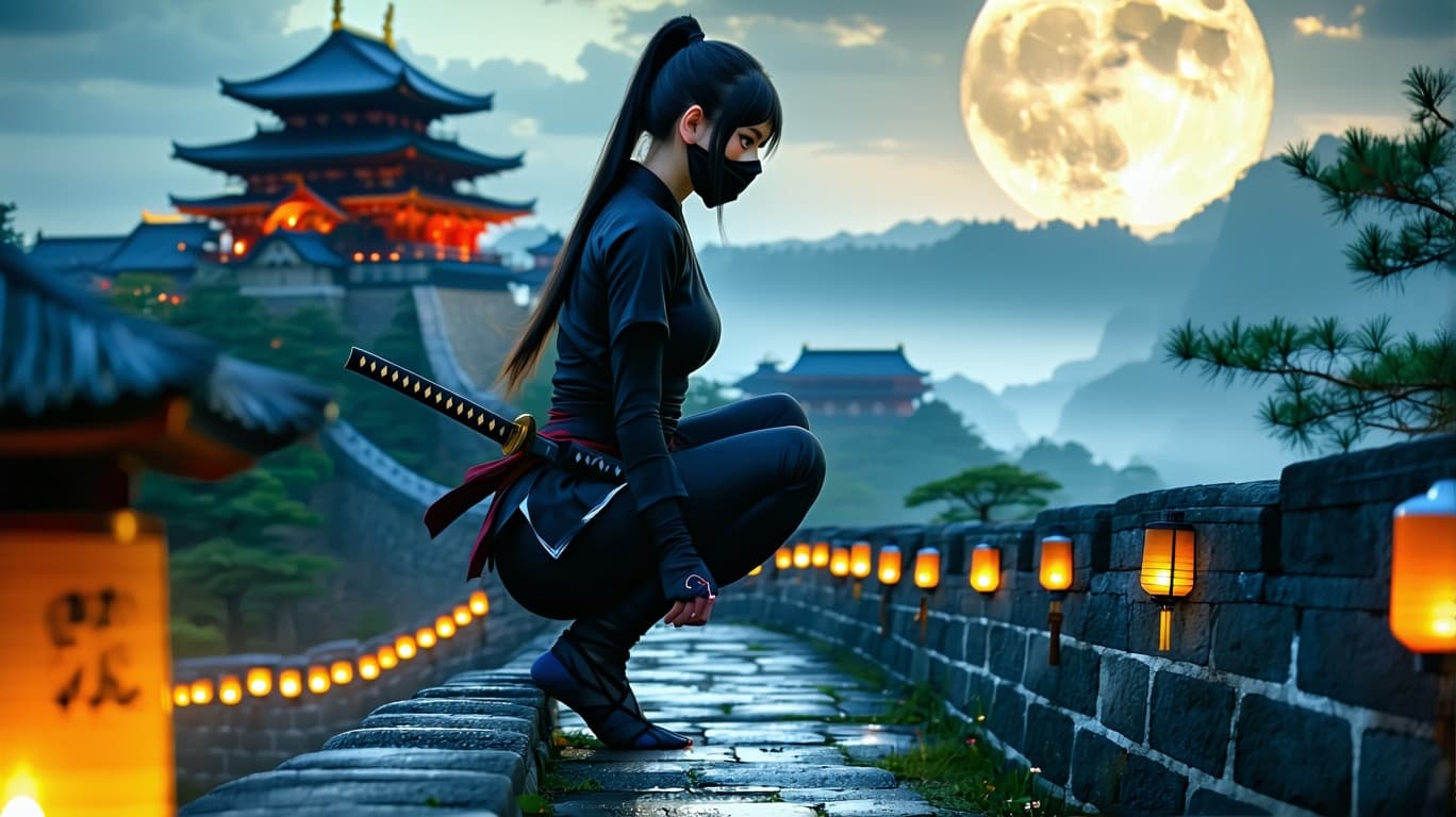 AI generated: a close up digital fantasy artwork featuring female ninja character squatting high on a japanese cas...