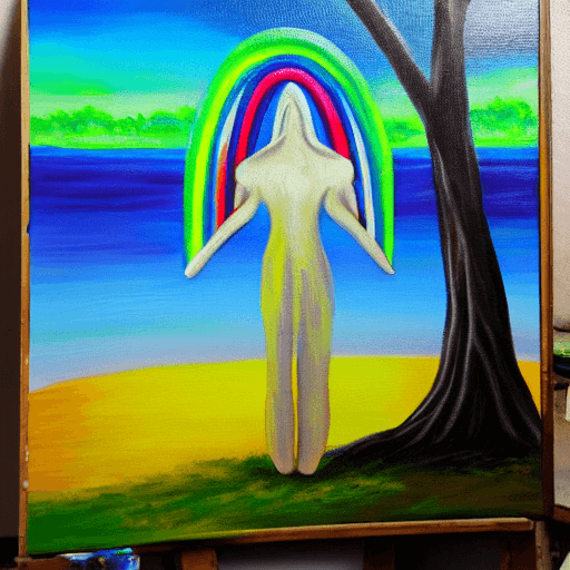 AI generated: low angle bright rainbow angel standing under the tree with an ocean view in oil painting