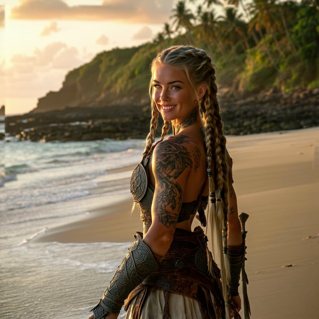 AI generated: Imagine a stunning, photo-realistic close-up of a powerful Viking woman, walking gracefully along a ...