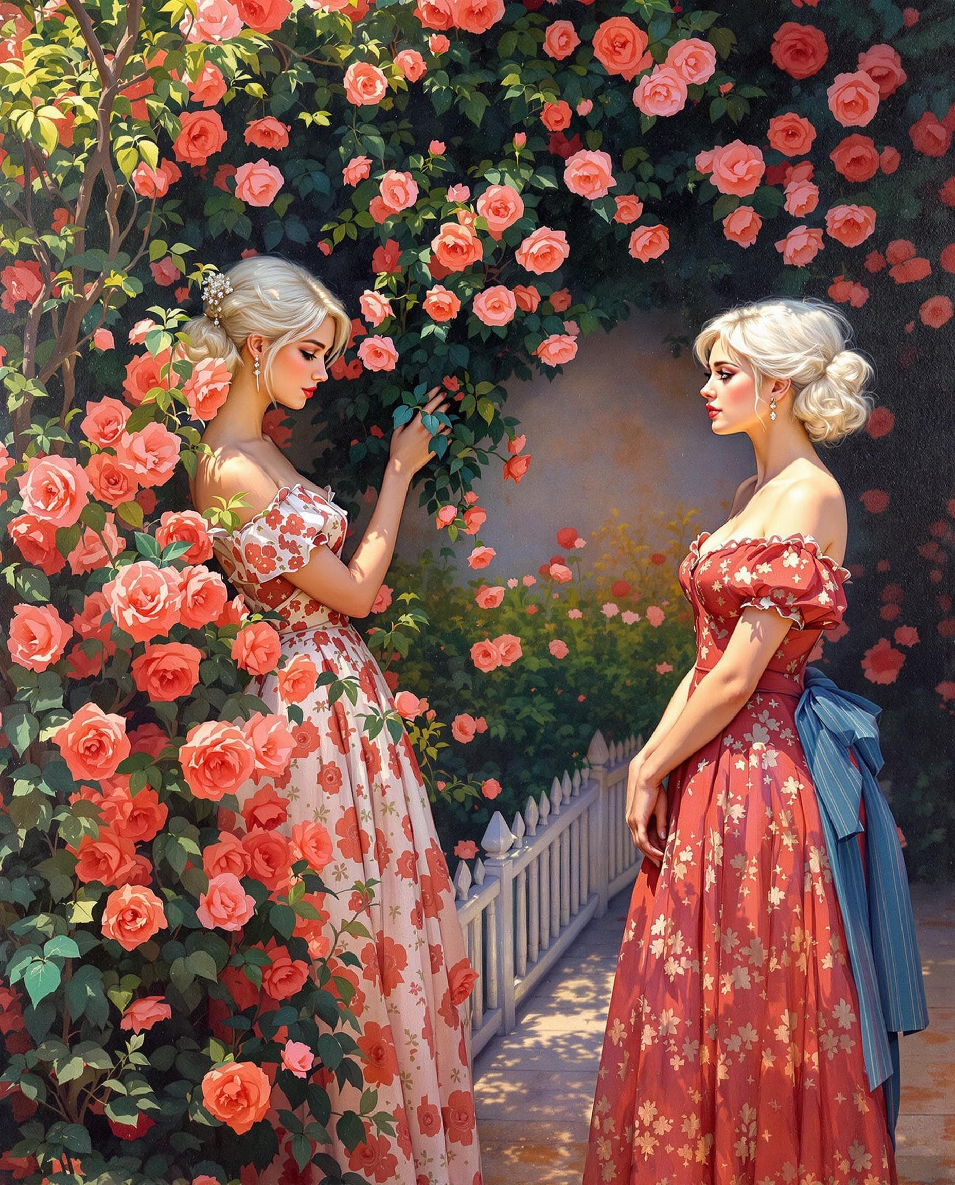 AI generated: Pintura a óleo de duas mulheres em um jardim, a primeira é uma mulher de pele clara, cabelos ruivos,...