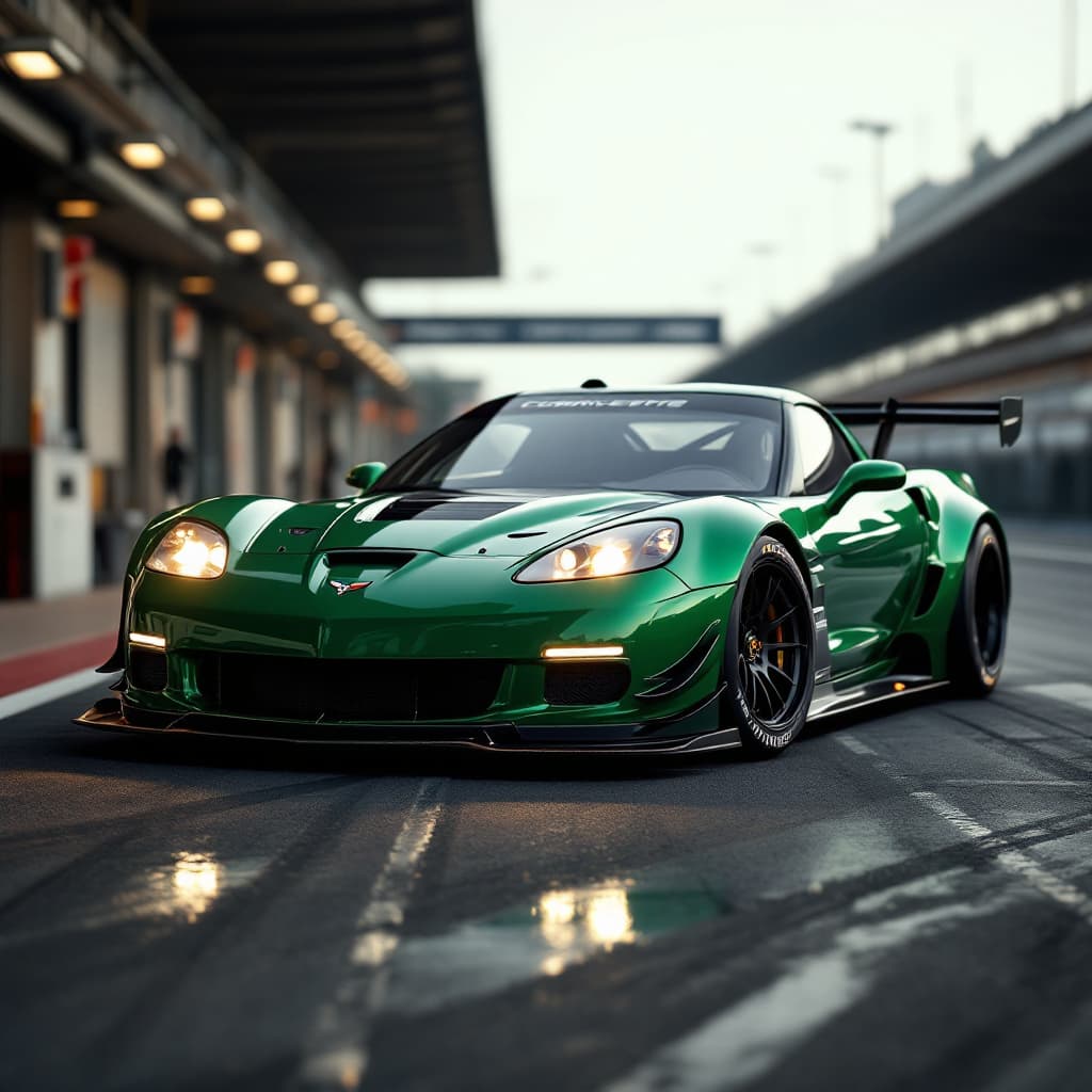 AI generated: General outline of a latest model British racing green 2000 corvette in road racer style, with glowi...