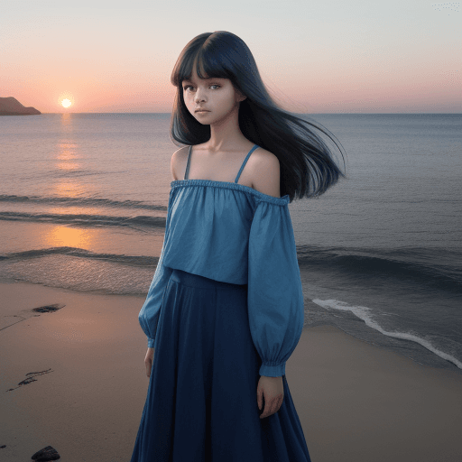 AI generated: A girl with an oval face, shoulder-length hair, wearing blue clothes, unique style, standing watchin...