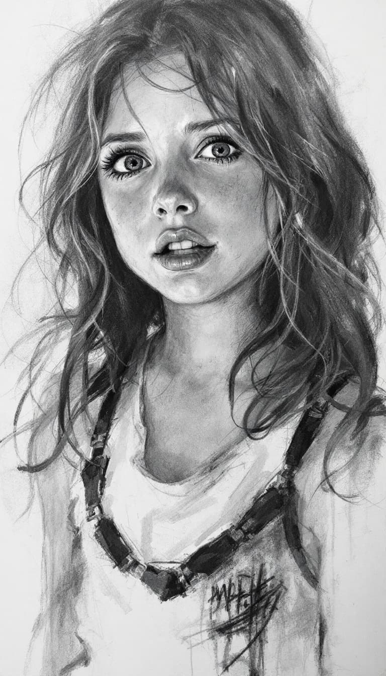 AI generated: Girl, charcoal sketch, scared, 