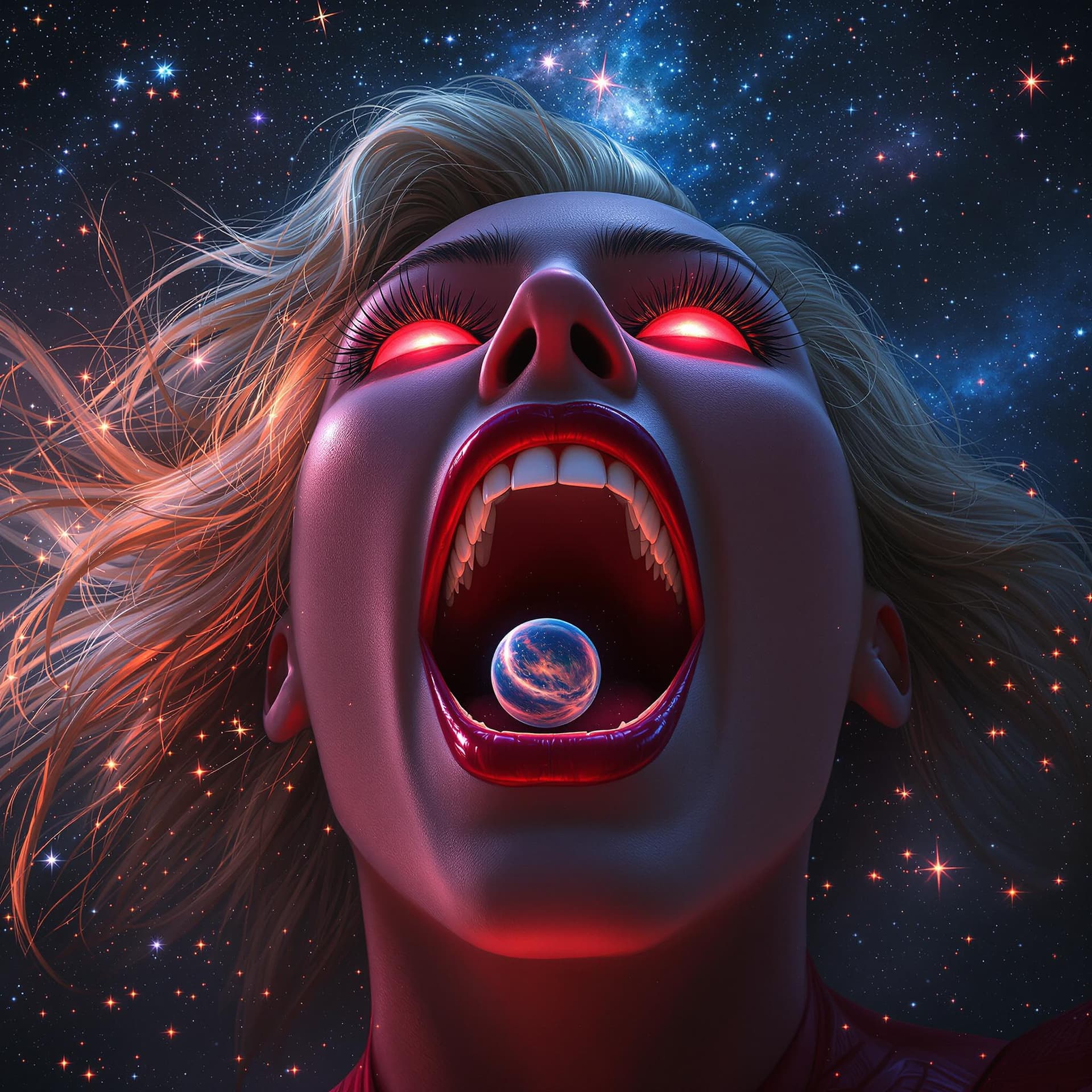 AI generated: enormous giantess captain marvel
bigger than a galaxy floating in space, minuscule galaxy in front o...
