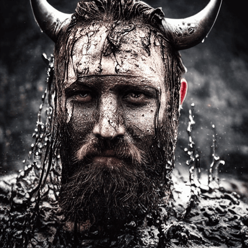 AI generated: Close-up of Viking King emerging from wet black mud :: Dark metal helmet with two large black horns ...