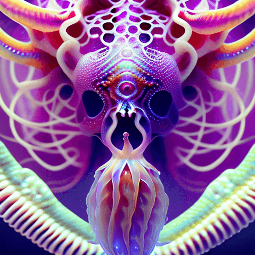 AI generated: Goddess close-up portrait ribcagel. jellyfish phoenix head, nautilus, orchid, skull, betta fish, bio...