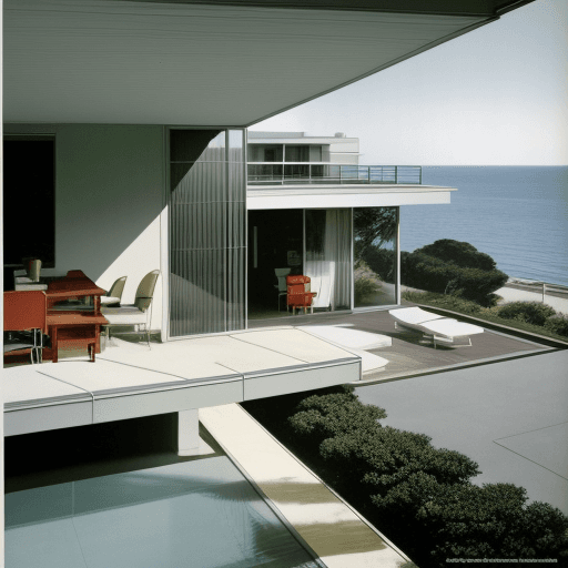 AI generated: Hyper realistic eye level exterior photo of a mid century modern style house overlooking the ocean, ...