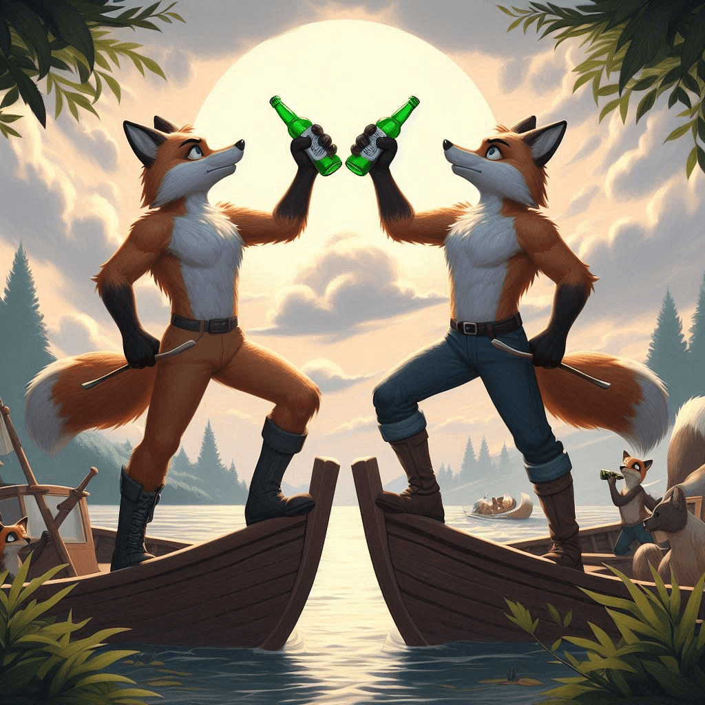 AI generated: Digital cartoon painting of two male anthropomorphic foxes standing on two boats and drinking bottle...