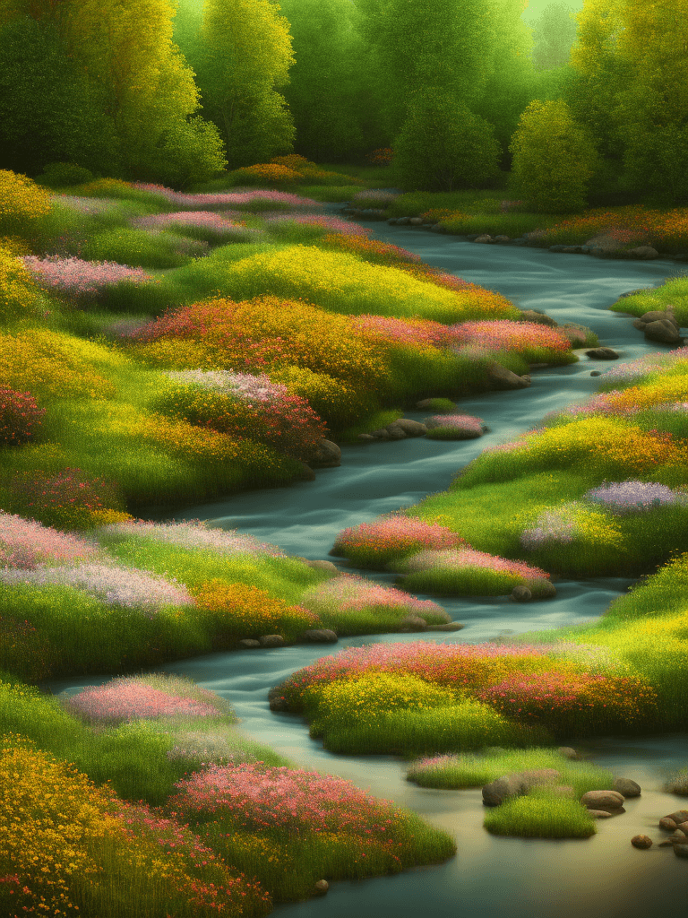 AI generated: peaceful landscape, Autmn flowers near a murmuring river, hdr tone, 8k, RTX technology reflections, ...