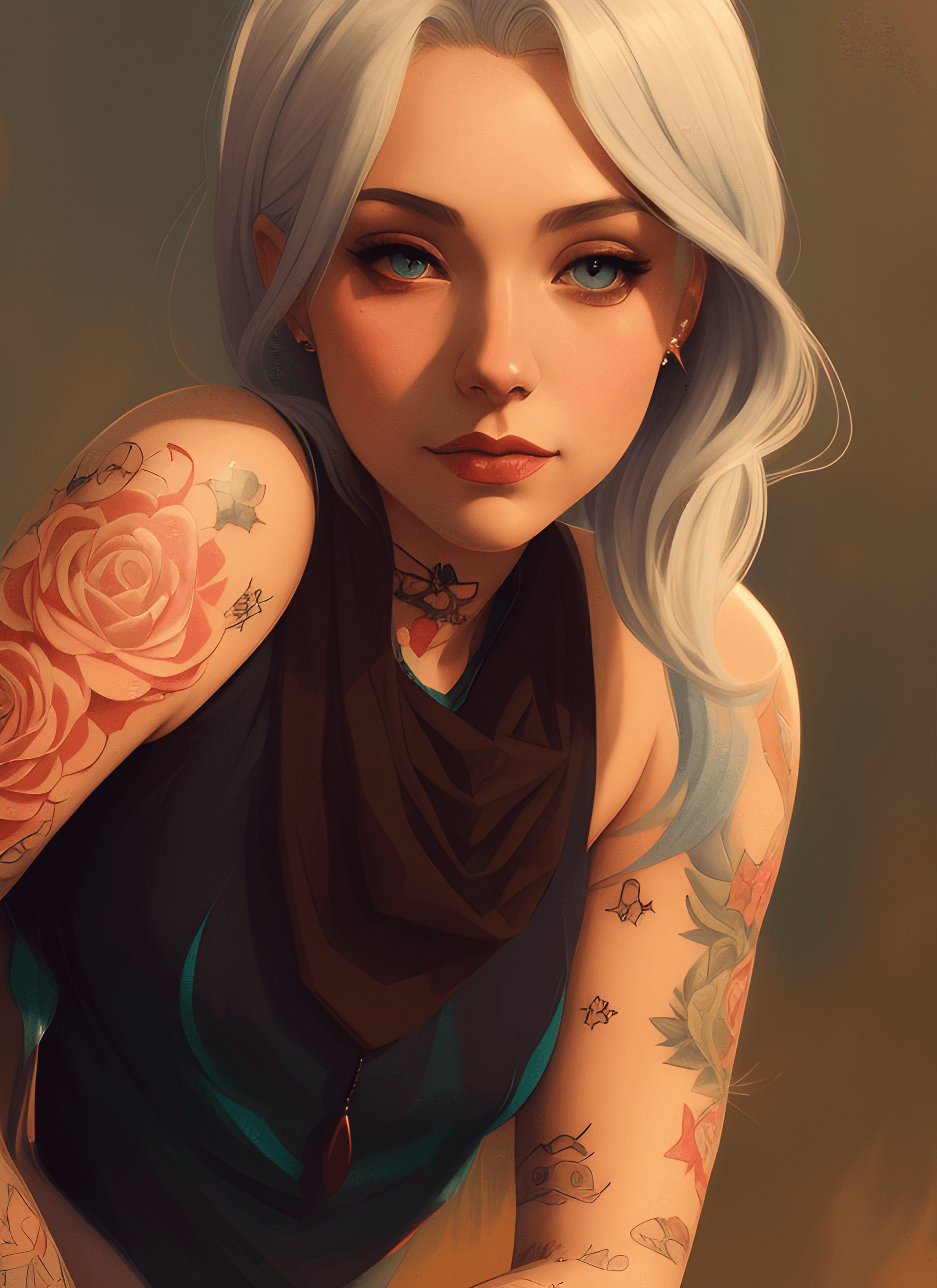 AI generated: a painting of a woman with tattoos on her arms, a character portrait, by loish, digital art, white-h...