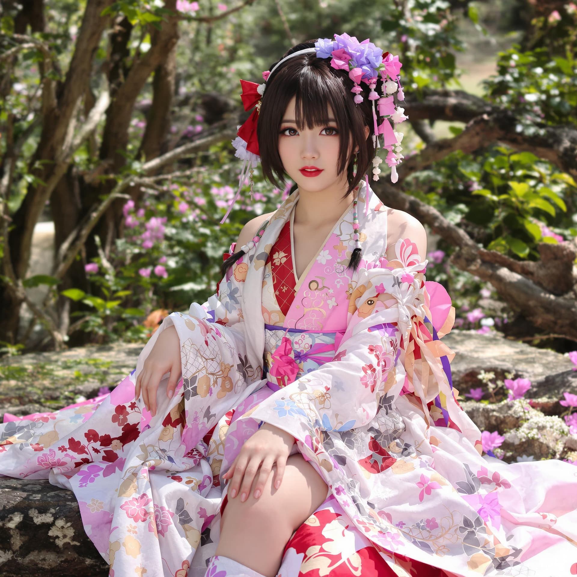 AI generated: Fantasy,Japanese girl,hot model,bad vein, beautiful fantasy landscape,kimono,Good figure