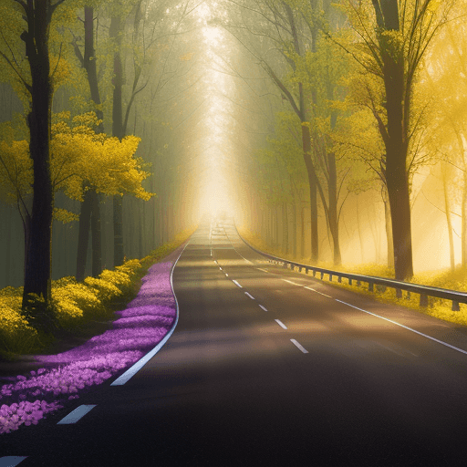 AI generated:  A brightly lit highway in the middle of huge vibrant, lush trees , sweet spring flowers, a thin fog...