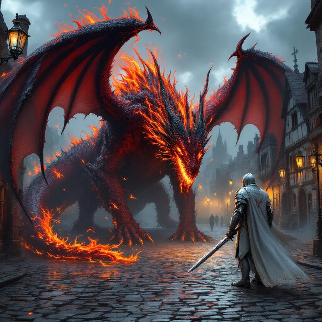 AI generated: A gothic fire breathing Dragon Red with black wings is in a town square with cobble stone street. He...