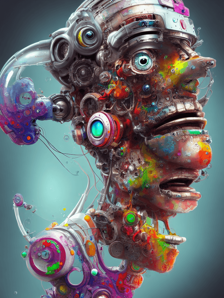 AI generated: highly detailed robot head, clockwork, transparent, filled with colorful liquid, expressive, abstrac...