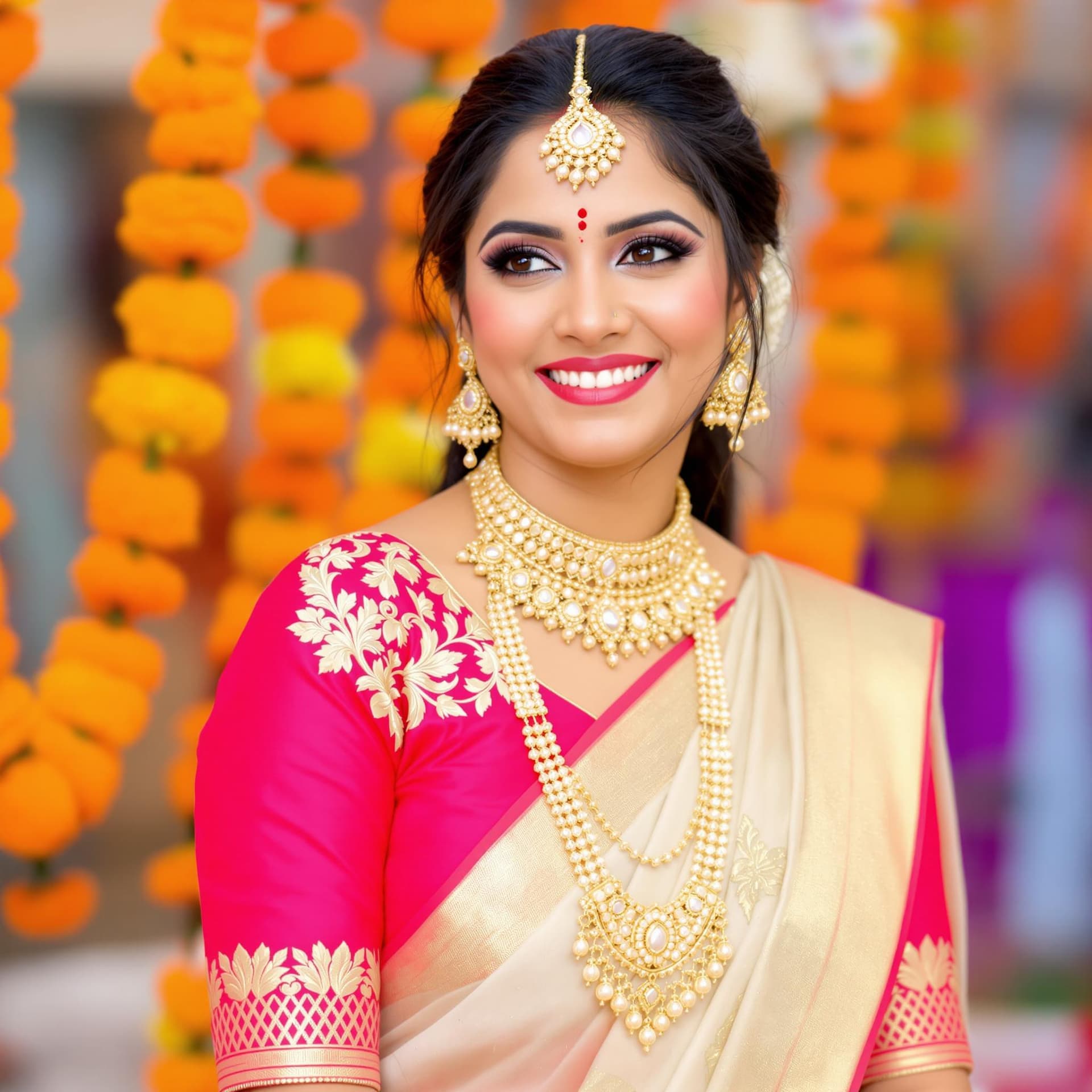AI generated: The image features a woman dressed in traditional attire, specifically a cream-colored saree with a ...