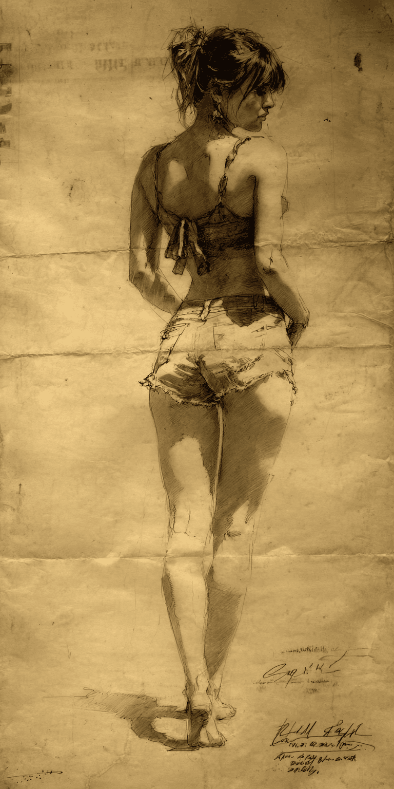 AI generated: pencil sketch on old paper, female figure, clean line art --chaos 75 --ar 1:2 --profile n19tbh9 --st...