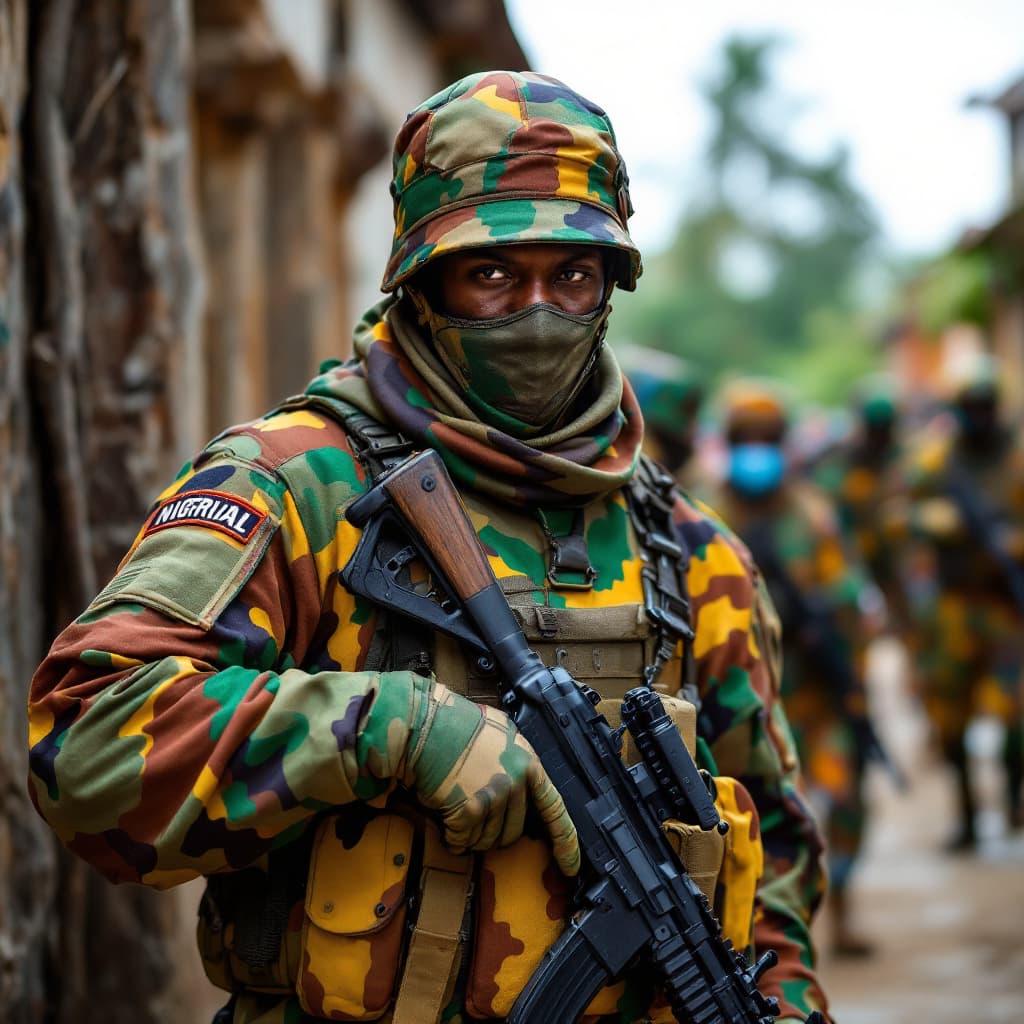 AI generated: A nigerian soldier on camouflage ready for war with guns and armour, bright colours, energetic, pass...