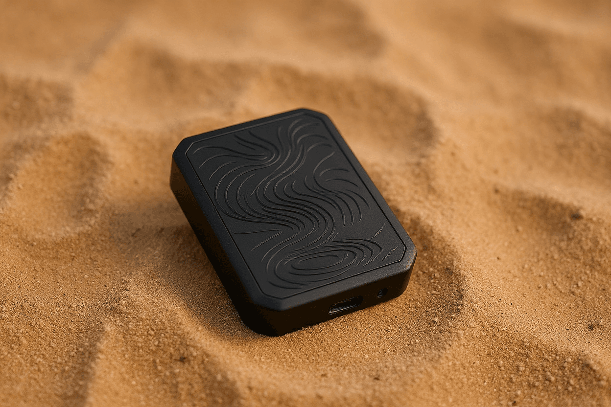 AI generated: A minimalistic, my product the black one is a black case , placed diagonally on a textured sandy sur...