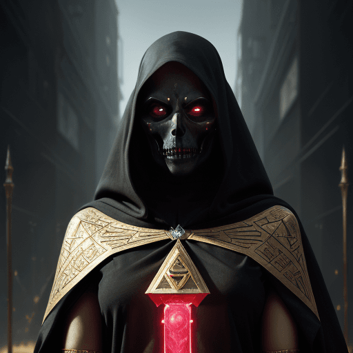 AI generated: portrait the grim reaper, cyberpunk, egyptian attire, gold, ruby, diamond, pyramid, hyperdetailed ey...