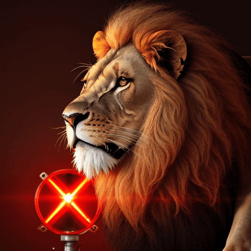 AI generated: a lion  glowing red light come from lion hair backgrond