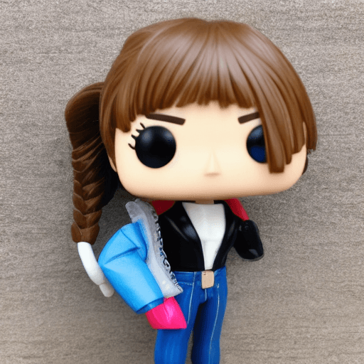 AI generated: funko pop, young girl,  one brown ponytail, blue blazer, black jeans, white tennis, 8k, hd, cyberpun...