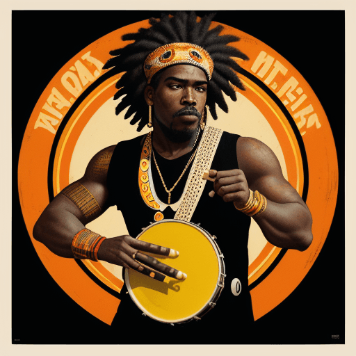 AI generated: a poster depicting a player with a drum, in the style of maximalist, americana iconography, black ar...