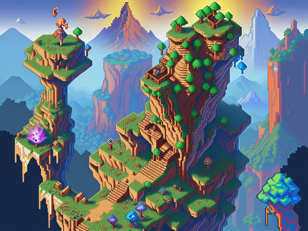 AI generated: 2d pixel art, more like pixel art, bolnd hair girl in front, game front page cover, back ground moun...