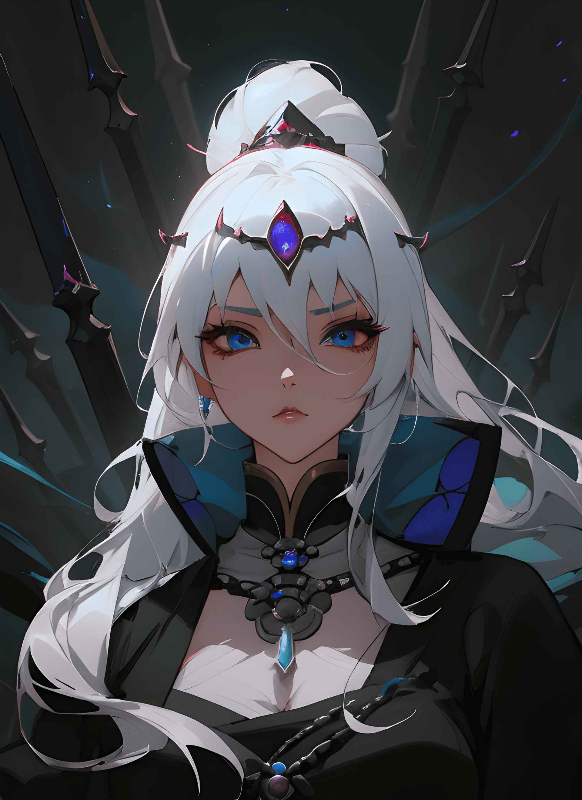 AI generated: a woman with white hair and blue eyes, princess 'kida' kidagakash, dramatic portraiture of uuen, bea...