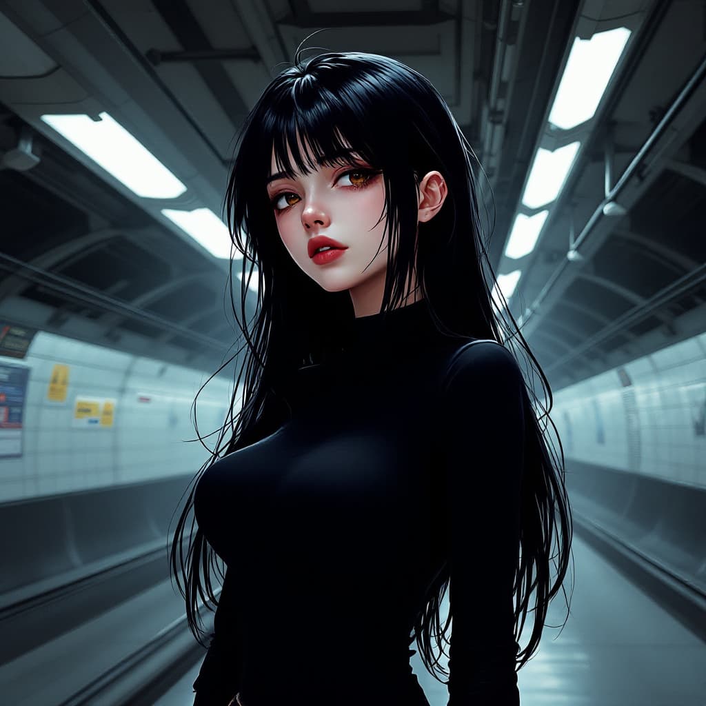 AI generated: Female, Young adult female, long black hair, sleepy dark brown eyes, very pale, wearing black tight ...