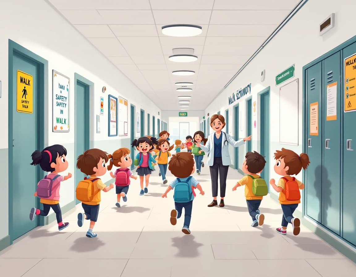 AI generated: "A cute illustration of a school hallway scene in the style of Cute, with students running, a teache...