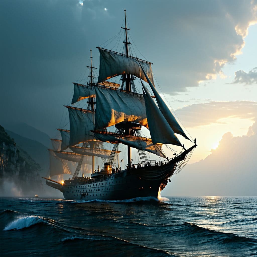 AI generated: Photo of a ultra realistic sailing ship, dramatic light, pale sunrise, cinematic lighting, battered,...