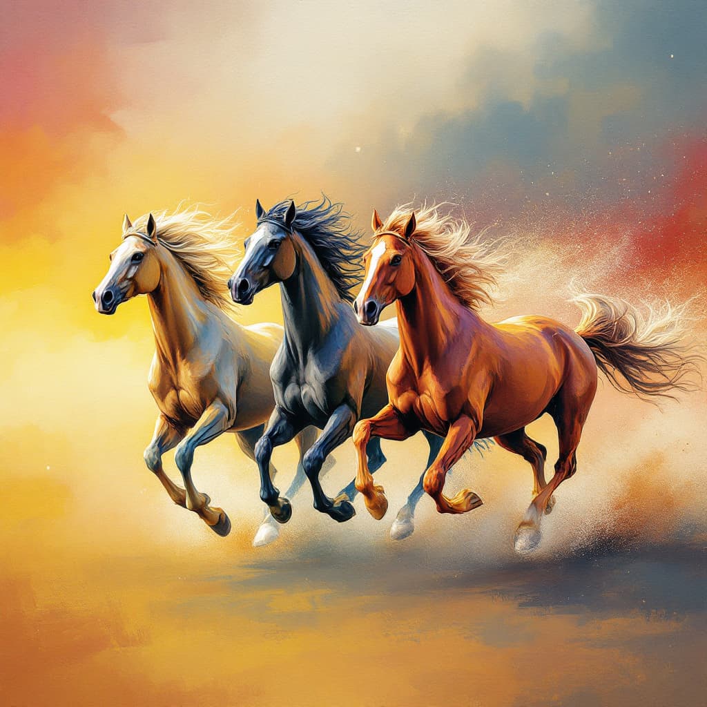 AI generated: generate a unique, perfect image, klimt color pallet, minimal tanjore painting, of horses running to...