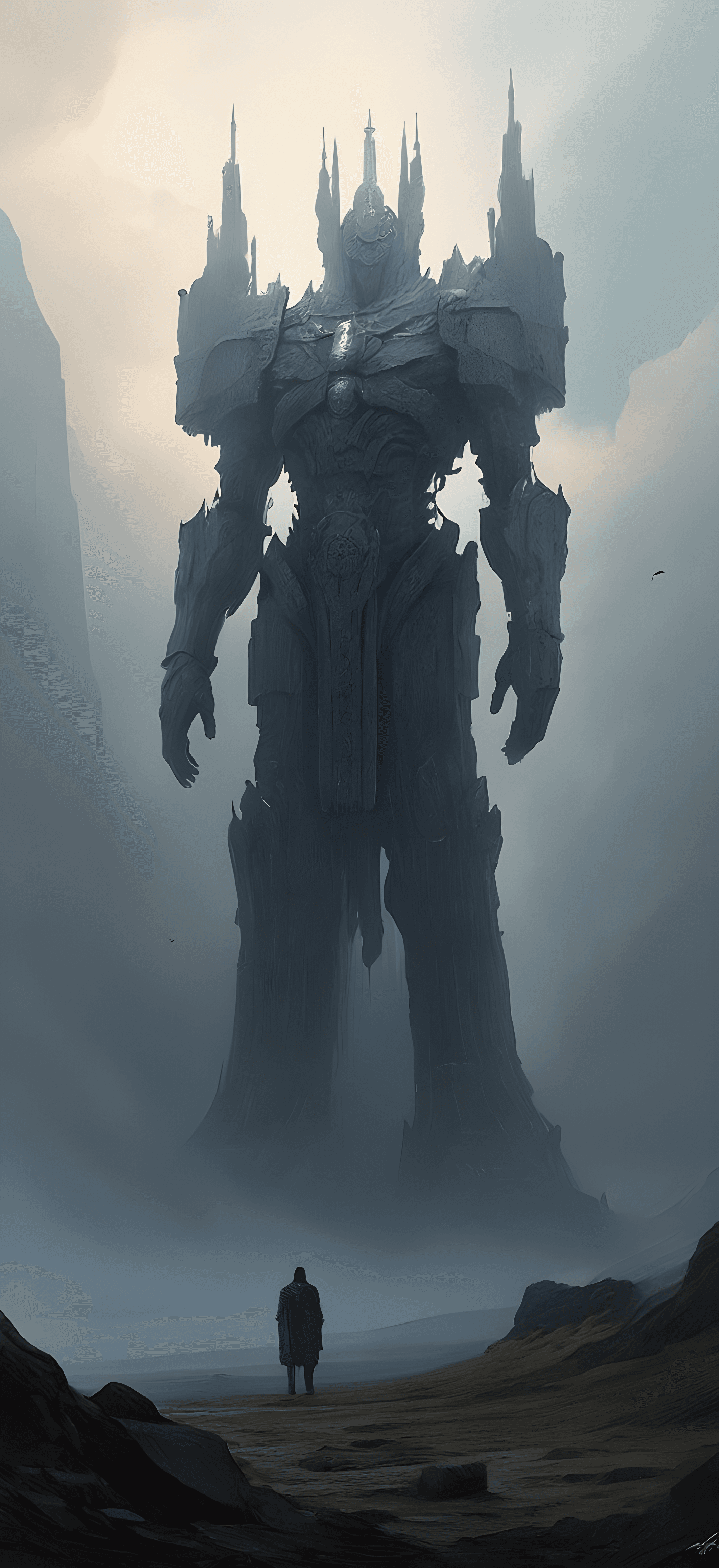 AI generated: Colossal, awe-inspiring digital painting of a towering sentinel guarding the entrance to a fading, e...