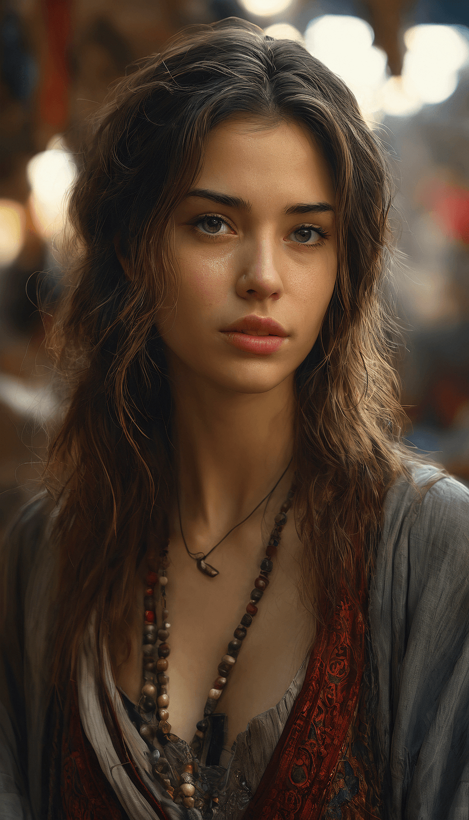 AI generated: An young woman in
a market close up, subdued,  trending on artstation,sharp focus, studio photo, in...